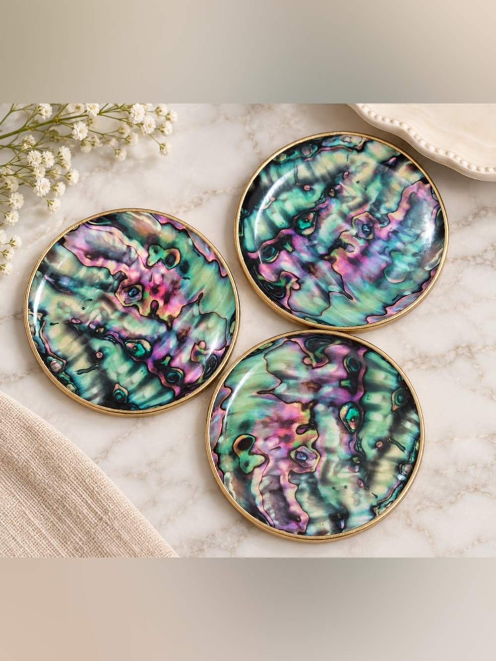 Set of 3 Anthropologie Faux Abalone Pattern Home Art Coasters - Green & Purple